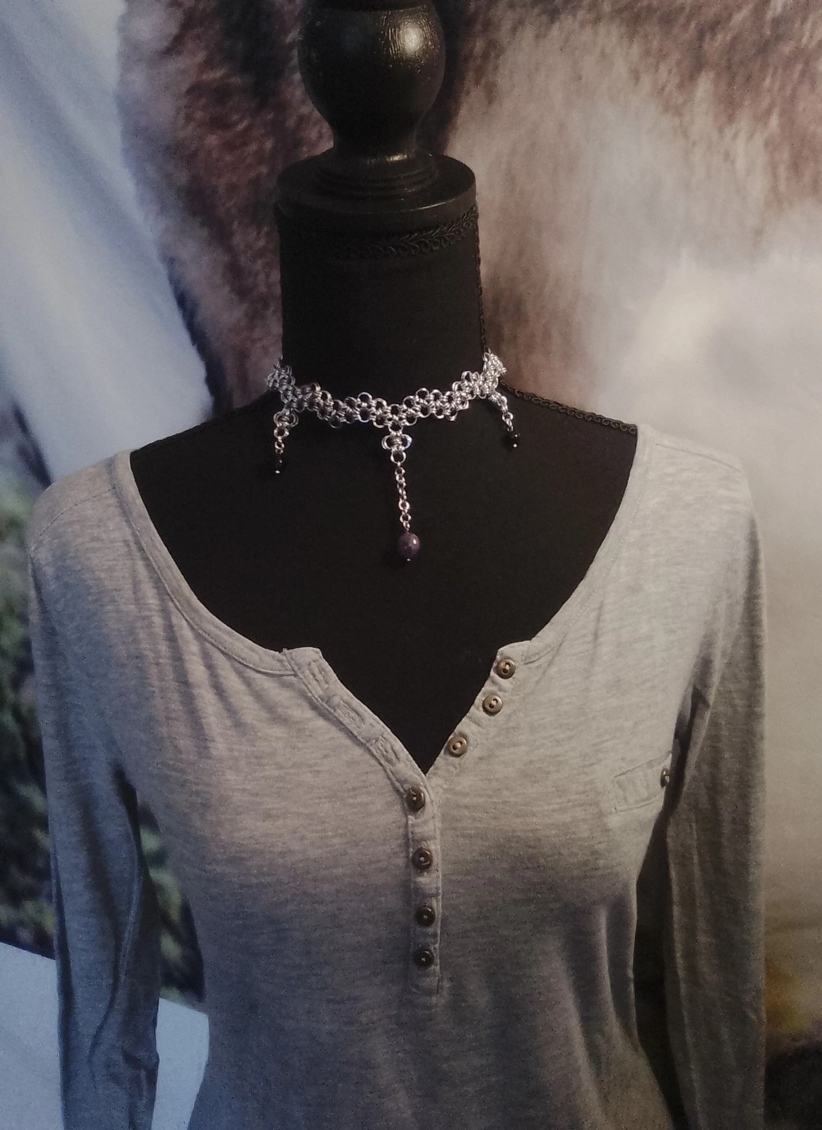 Collar choker escote malla japonesa "encaje" y piedras naturales – photo 2